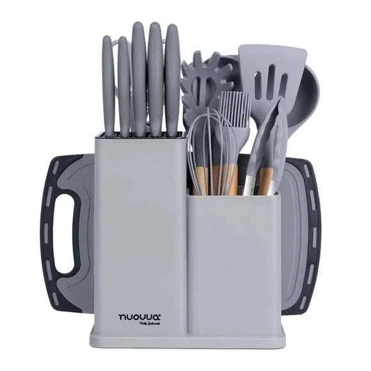 19-Piece Kitchen Utensils & Knife Set – Silicone & Wood