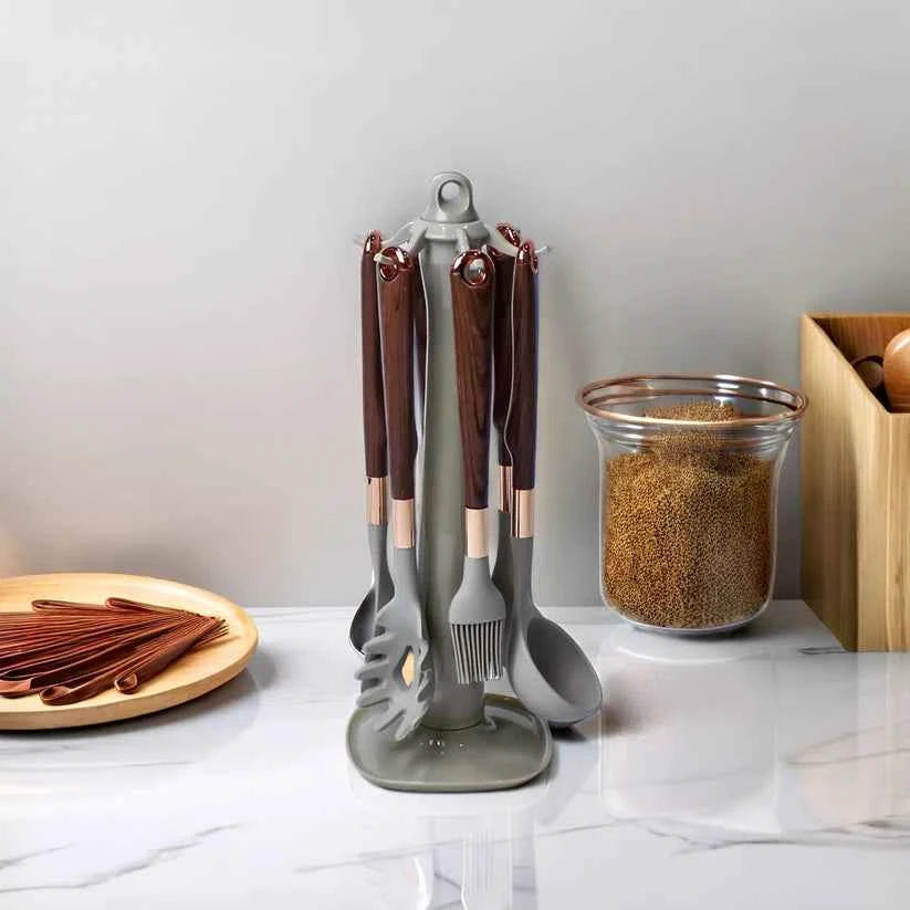 9-Piece Silicone Kitchen Utensil Set – Wood Grain & Rose Gold
