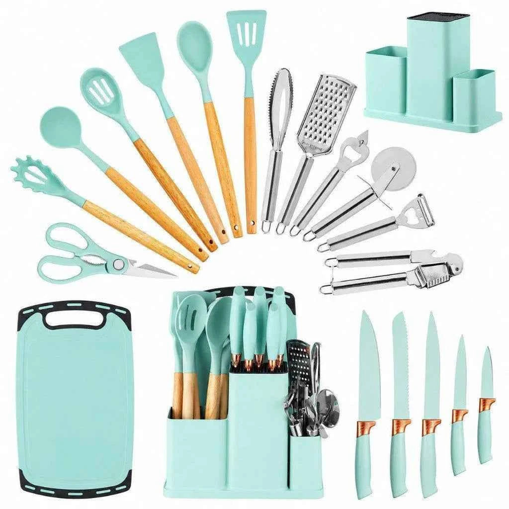 19-Piece Kitchen Utensils & Knife Set – Silicone & Wood