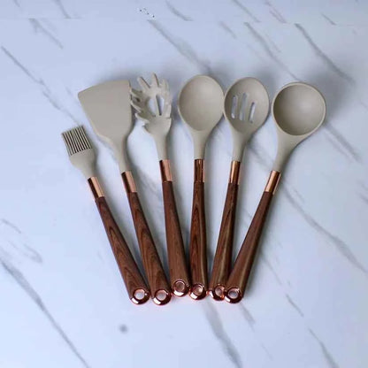 9-Piece Silicone Kitchen Utensil Set – Wood Grain & Rose Gold
