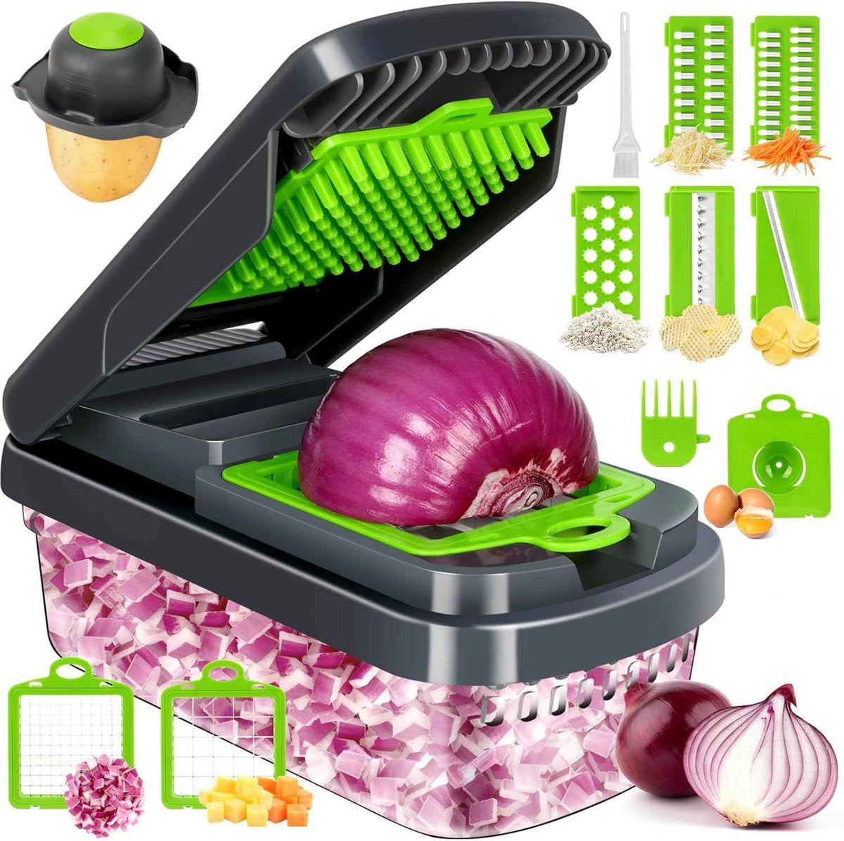 12-in-1 Multifunction Vegetable Chopper & Slicer with Storage Container | Manual Food Cutter for Onion, Potato, Carrot & Fruits