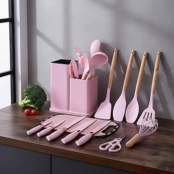 9-Piece Silicone Kitchen Utensil Set with Wood Grain Handle & Rose Gold
