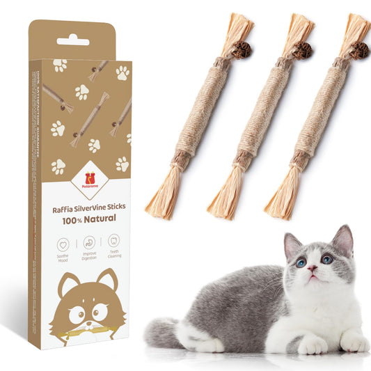 Silvervine Cat Chew Toy – Natural Jute Dental Stick with Feather & Raffia